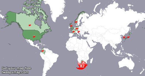 My followers live in 12 countries: South Africa(82%), USA(9%)... tweepsmap.com/!GRIFFITVIGO
Get your free map!