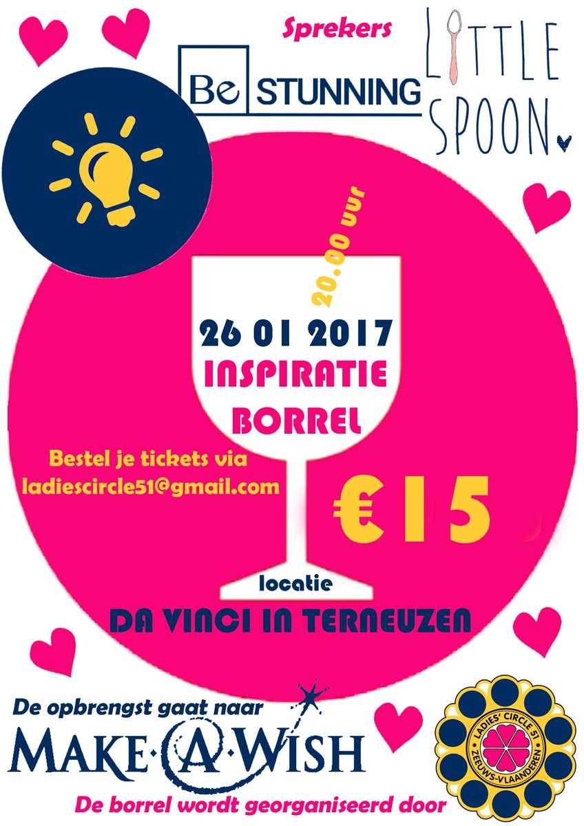 Zin in een leuke avond? Kom naar onze inspiratieborrel op 26 januari 2017! Mail voor een e-ticket van 15 euro naar ladiescircle51@gmail.com.