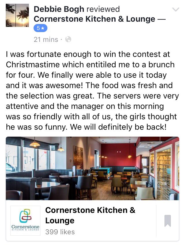 We love receiving great reviews for our Sunday brunch! Plan to join us next Sunday with your family.