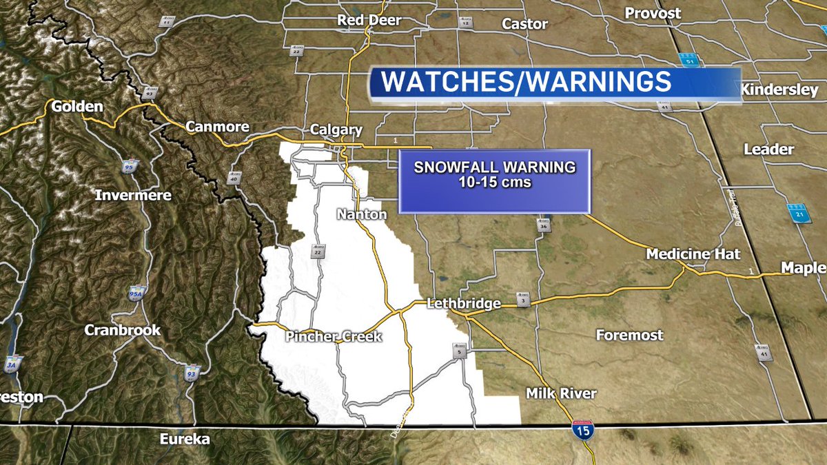CTVCalgary's tweet photo. SNOWFALL WARNING 10-15 cms for SW
#yyc expecting 5-8 cms by Monday morning. Plan your commute accordingly. #abstorm https://t.co/AiTisGac9A