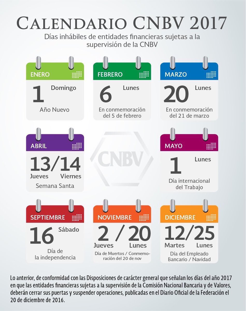 cnbvmx's tweet photo. 🗓 Días en que las entidades financieras supervisadas por la #CNBV, suspenderán operaciones durante el 2️⃣0️⃣1️⃣7️⃣ https://t.co/x7jyNPj7gT https://t.co/y2Gp6nVv06