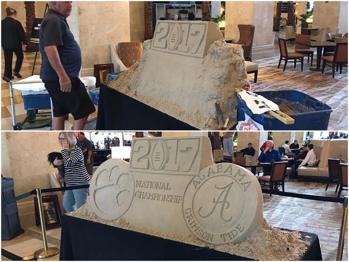 espn's tweet photo. Alabama and Clemson weren't built in a day, but their sand sculpture was – six hours to be exact. https://t.co/BJ8kSjQO1t