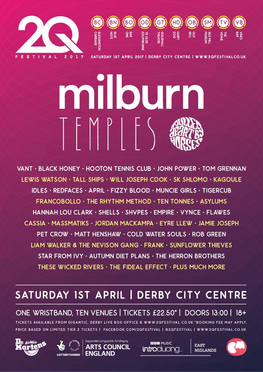 2QDerby's tweet photo. @milburnmusic &amp; @TemplesOfficial will headline #2Q2017 with an array of other acts confirmed too!

https://t.co/FHFZbrUH3U https://t.co/8GLZ18zbKk