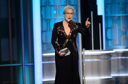 businessnews's tweet photo. Meryl Streep blasts Donald Trump and supports journalists at the 2017 Golden Globes https://t.co/JU98EsHI5x https://t.co/N6LhRaep10