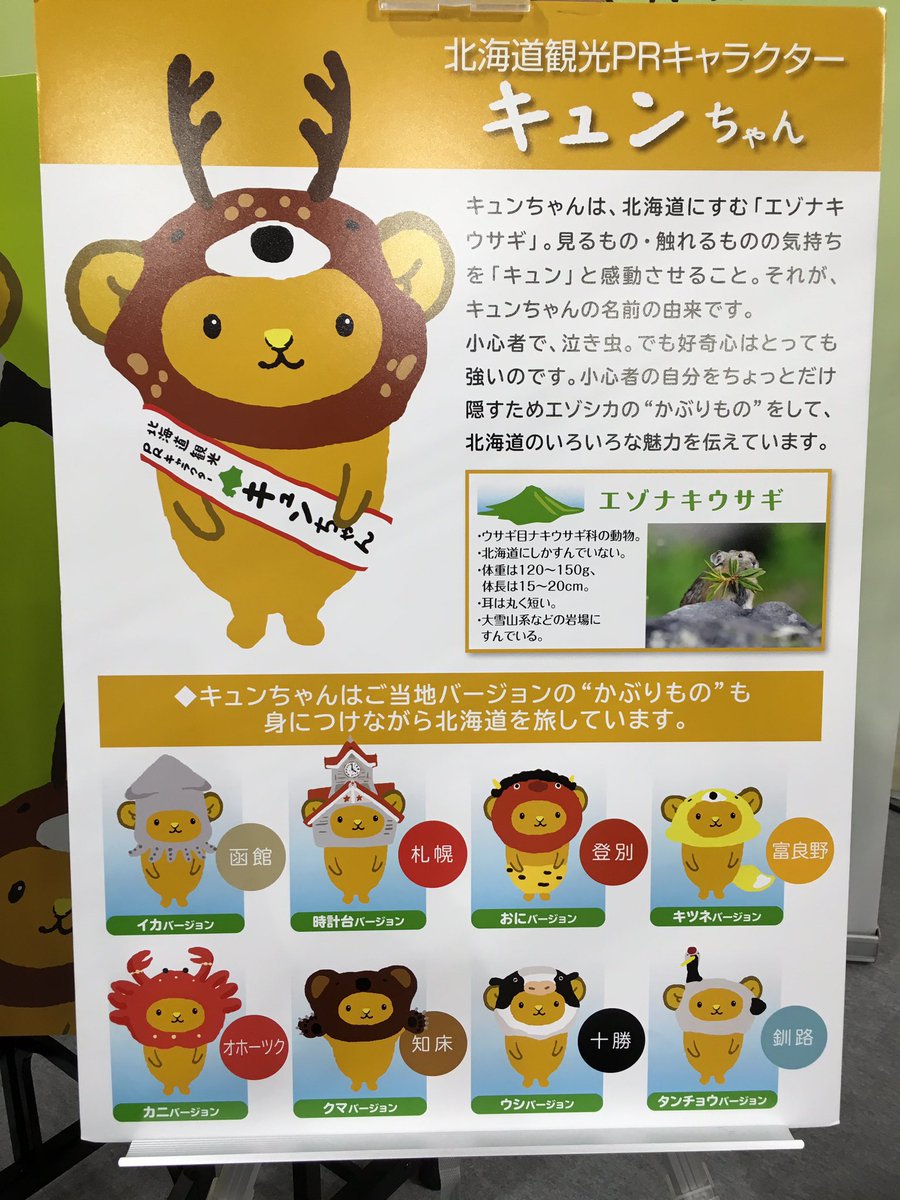 Flopsy Mopsy Twitterren キュンちゃん は北海道 にだけ生息するナキウサギがモデルで基本形はエゾ鹿の被り物を被っていて 道内の地域によって被り物が変わる それ以外に 北海道の先住民族アイヌの衣装を着たバージョンも 日本にも先住民族の方達がいる事もprして