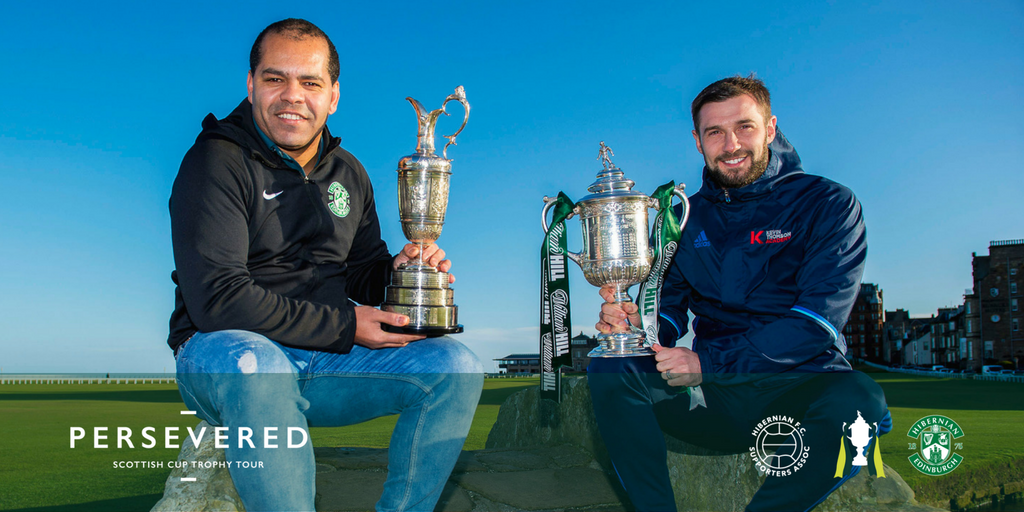 HibernianFC's tweet photo. Kevin Harper and Kevin Thomson posed with the Scottish Cup and Claret Jug in St Andrews, with both on display at @britgolfmuseum until 4pm https://t.co/oDlCi0ZvEm