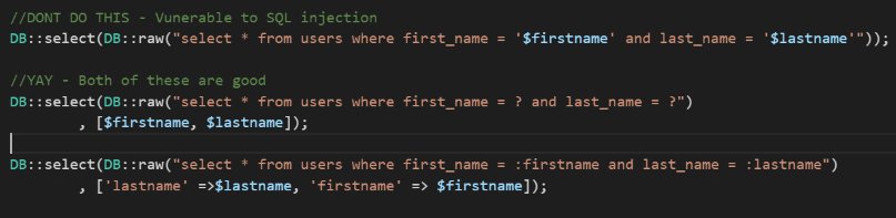 Laravel_Tips's tweet image. Watch out for SQL injection issues when using DB::raw, use ? or :named placeholders, One gotcha! Variables are argument on select not raw