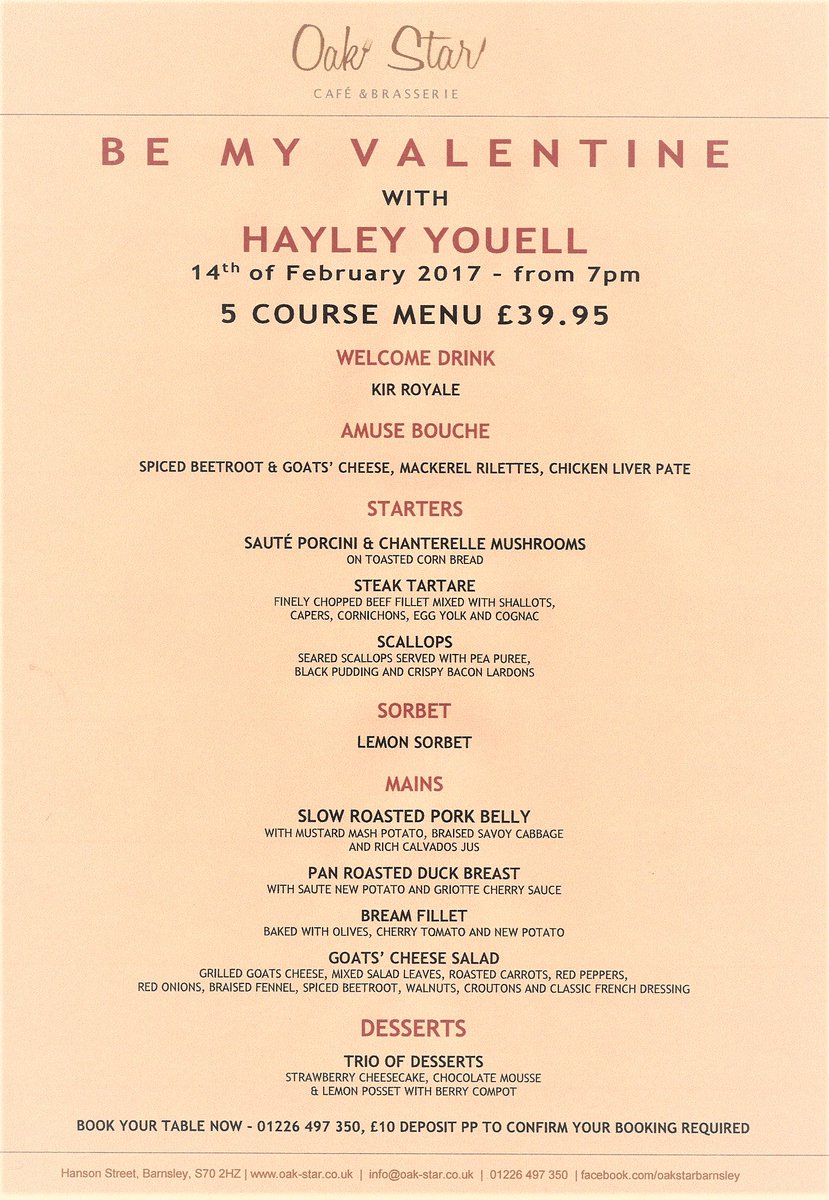 oak_star's tweet photo. This year we have created a very special menu to treat your loved one on Valentines day #barnsleyhour #barnsleyisbrill https://t.co/hrqV9kzkck