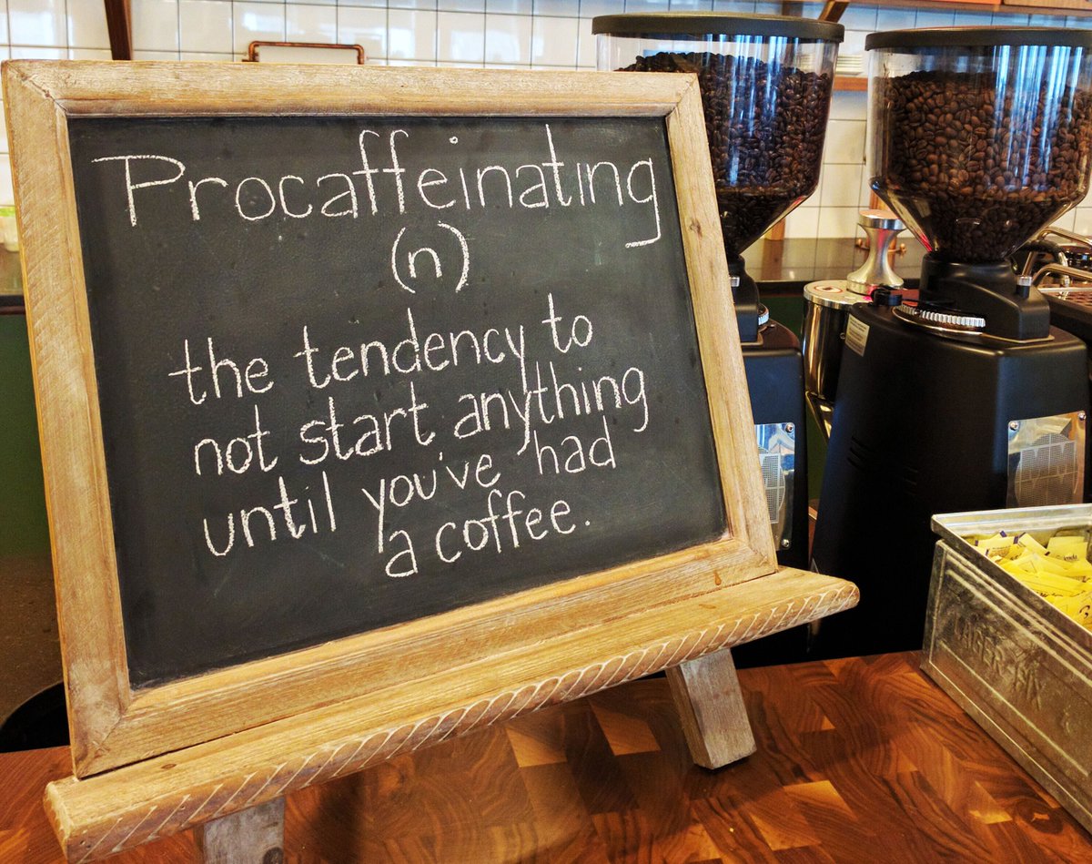 buffer's tweet image. Procaffeinating (n): the tendency to not start anything until you've had a coffee ☕️ #MondayMotivation at @WeWork