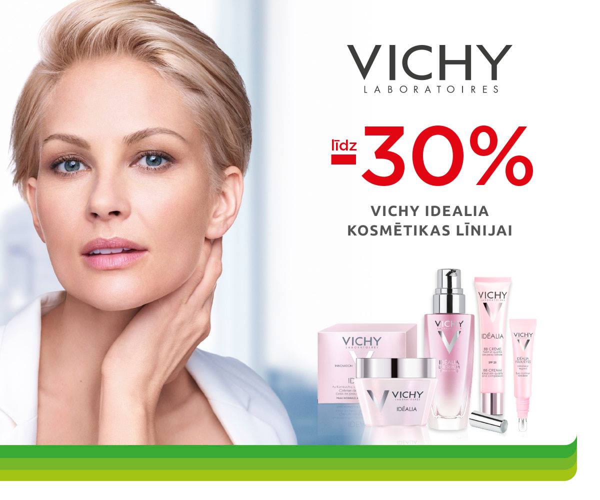 Šomēnes VICHY IDEALIA līnijai – 30% atlaide! IDEALIA līnijas produkti izlīdzina pirmās grumbiņas un padara ādas toni mirdzošāku!