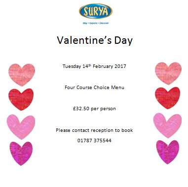 We've got Valentines day sorted with a delectable four course choice menu available Tuesaday 14th February only, book now 01787 375544