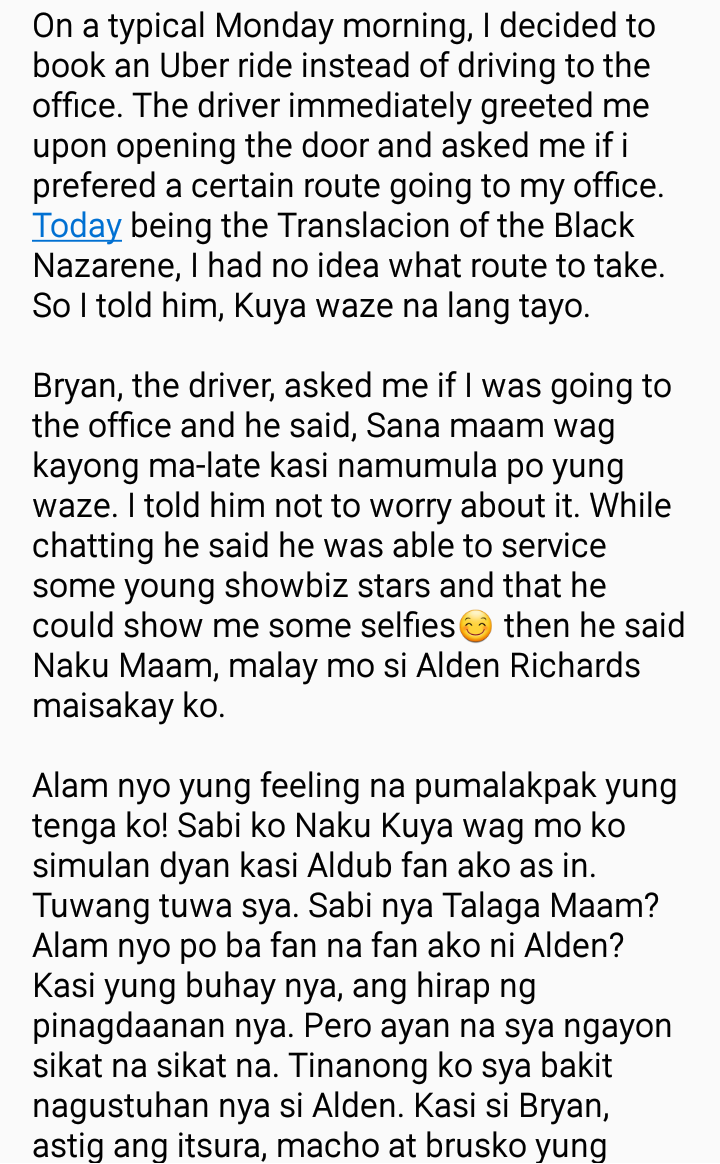 CgetsFit01's tweet photo. The story of an Uber driver who was inspired by @aldenrichards02 😊 I hope we help make his dream a reality. Part 1.
#aldubgratefulness https://t.co/QvgAKT02UF