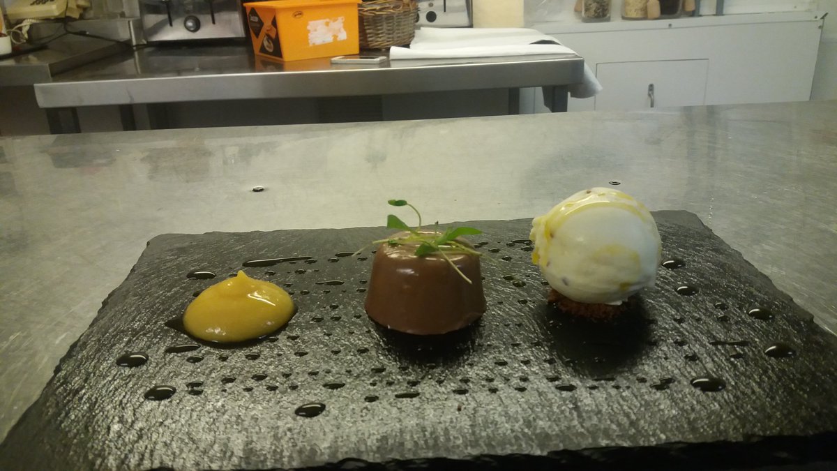 Chocolate panna cotta.  Orange puree. Marmalade ice cream