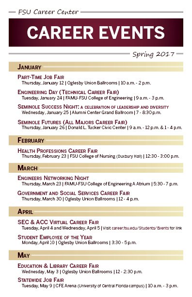 FSUCPS's tweet photo. Welcome back, #Noles! Check out the @FSUCareerCenter events coming to you this spring! #FSUBizInterns #FSUBusiness https://t.co/MDUEQQePMu