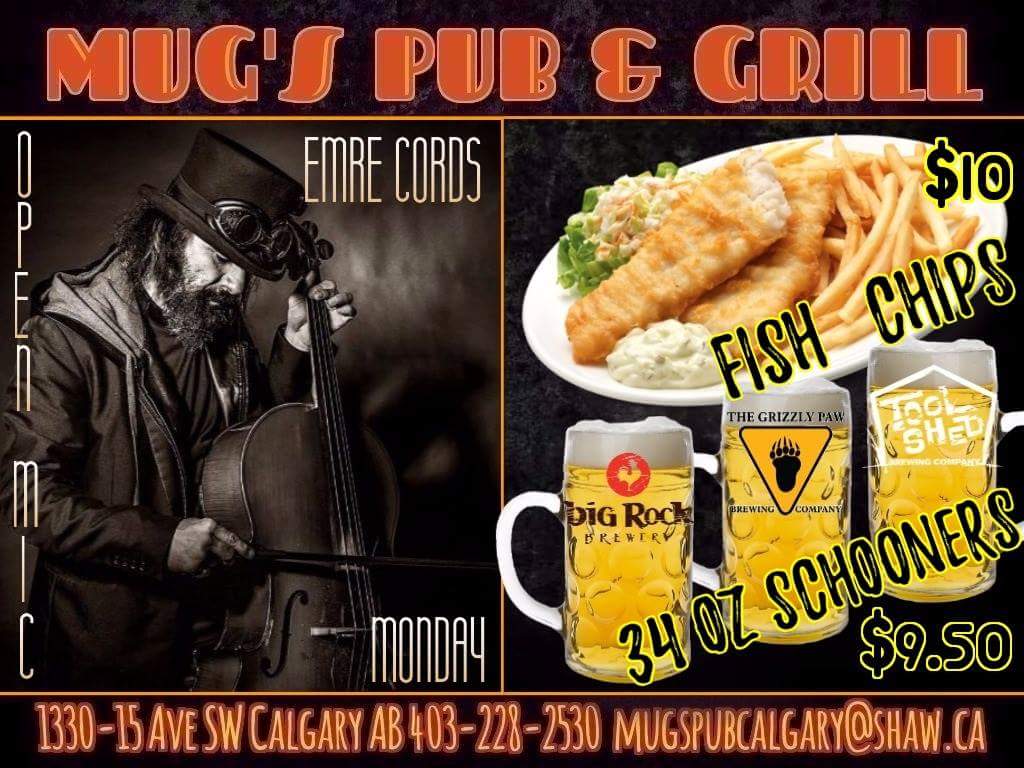 mugscalgary's tweet photo. MUG'S MONDAY OPEN MIC.your host EMRE CORDS
Fish &amp; Chips $19, 34 oz schooners
#yyc #yycmusic #yycfish&amp;chips #yycbeer #yyceats #yycfood https://t.co/fruWuNUkhR