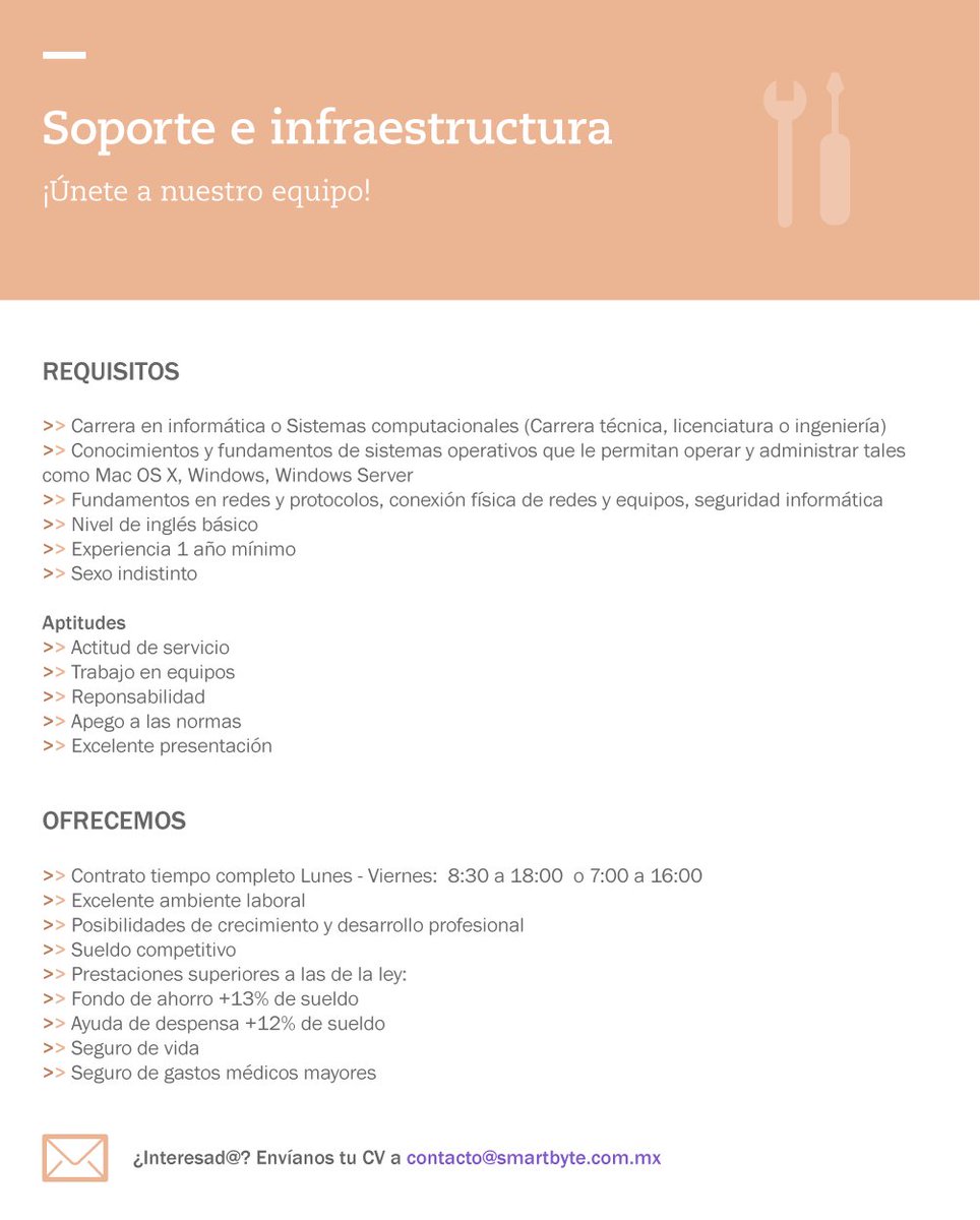 SmartByteMX's tweet image. ¡Te estamos buscando! #Vacante #Oportunidad #Trabajo #SoporteTecnico #infrastructure #AvisoOportuno #SmartByte #laboral