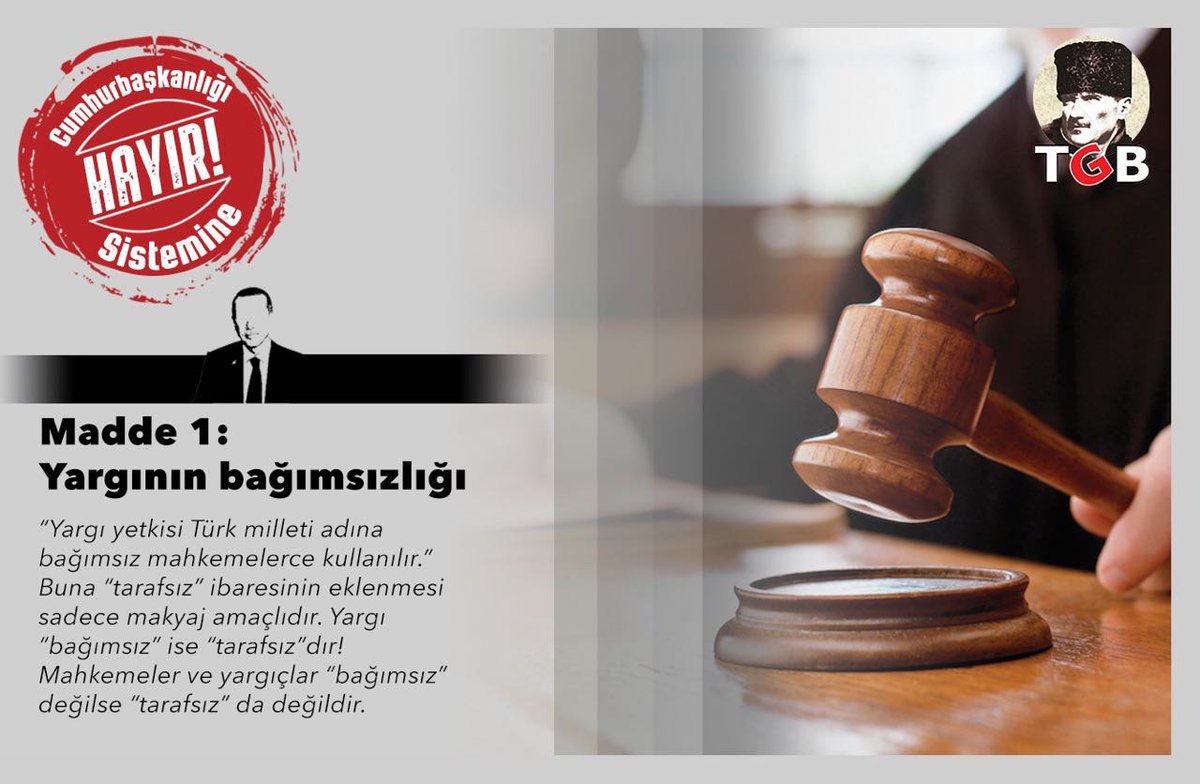 Cumhurbaşkanlığı Sistemi'nde yargı Cumhurbaşkanına bağlanıyor. Yargı bağımsızlığı ve tarafszılığına ket vuruluyor
#MilletinVekiliHayırDemeli