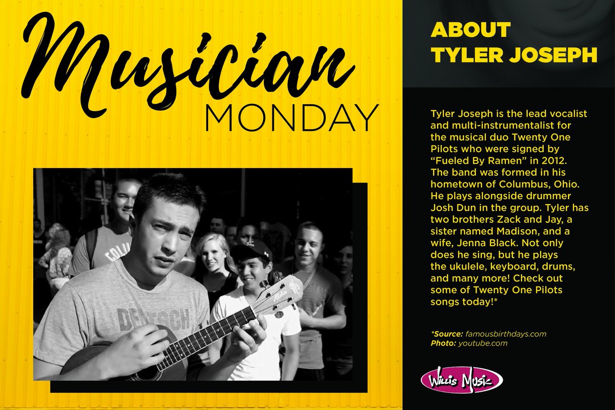 WillisMusicCo's tweet image. This week's pick is Tyler Joseph of @twentyonepilots. Check out our uke contest! bit.ly/2i6nfqq #musicianmonday #ukecandoit #music