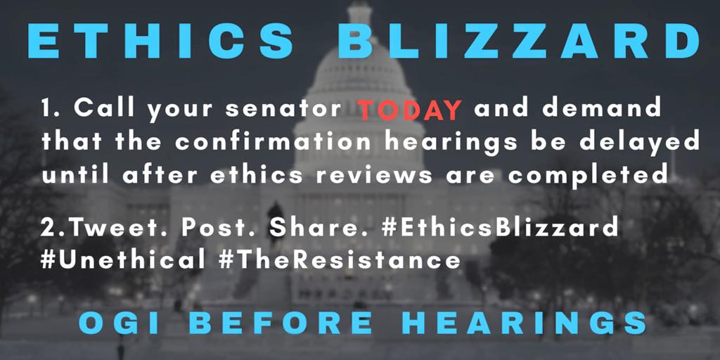 markira's tweet photo. #EthicsBlizzard DELAY HEARINGS UNTIL ETHICS REVIEWS ARE COMPLETED #TheResistance #unethical @SenateDems @SenateRep @senjudiciary https://t.co/Q56DUCBum4
