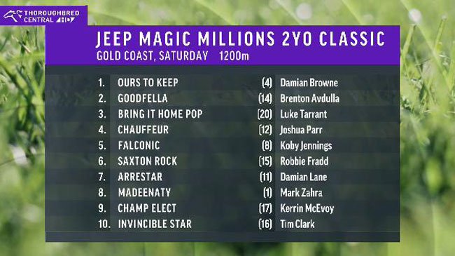 SkyRacingAU's tweet image. Here's the final field and barrier draw for Saturday's #MagicMillions 2YO Classic! 

Who's your pick?
