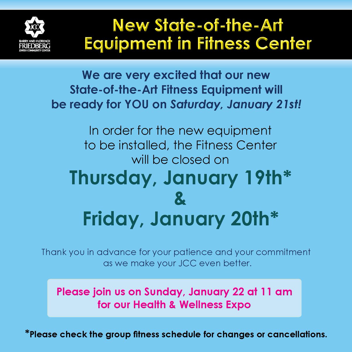 We are very excited that our new State-of-the-Art Fitness Equipment will be ready for YOU on Saturday, January 21st!
#getinshape #2017