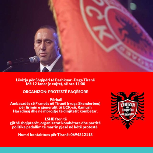 LevizjaSHB's tweet photo. 12 Janar, në ora 11:00 organizohet PROTESTË PAQËSORE në Tiranë, për lirimin e gjeneralit të UÇK-së, Ramush Haradinaj https://t.co/qxJyoCLeMx