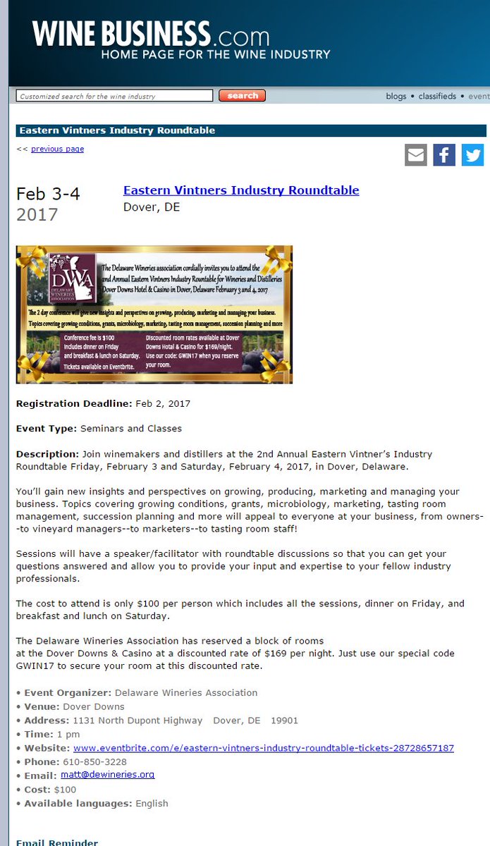 DEWineries's tweet image. Thank you @WineBusiness for helping us promote on Feb conference. Learn more or get tickets here bit.ly/2hLHv0M #wine