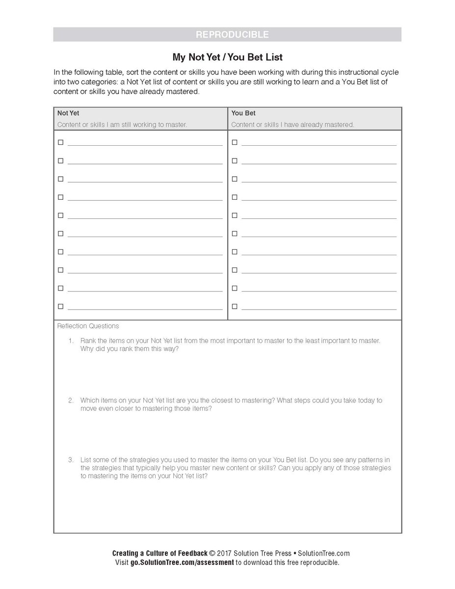 SolutionTree's tweet photo. Download the Not Yet/You Bet checklist for teachers to gather student feedback: https://t.co/5WcxUrGc1b #atassess @plugusin @mrscienceteach https://t.co/wjnu5ZQdL0
