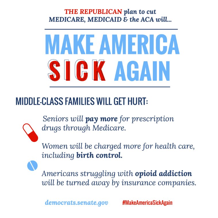 we stand with <a href="/SenateDems/">Senate Democrats</a> and with the millions of middle-class Americans who depend on the ACA--let's not Make America Sick Again