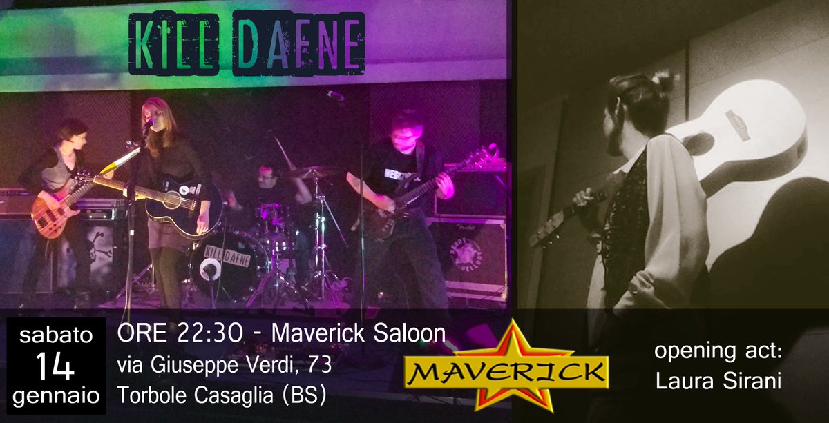 FabySound's tweet photo. #KillDafne live rock @ Maverick Saloon, Torbole SAB 14 gennaio ore 22:30. Apertura acustica by Laura Sirani. Menù stinco su prenotazione! https://t.co/jkRHx6zFCW