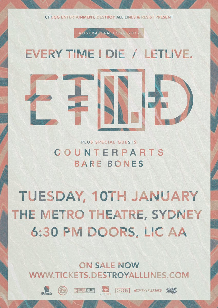 SYDNEY TONIGHT! @EveryTimeIDie / @ThisIsLetlive / @Counterparts905 / @BareBonesNoise Doors 6:30pm Tix: bit.ly/ETI17tix