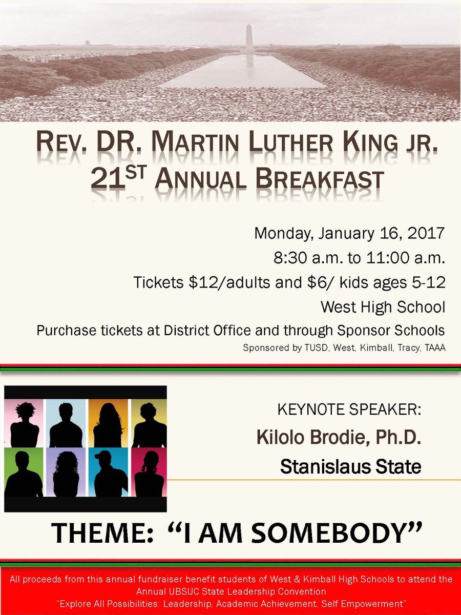 BSUKimball's tweet photo. Join us alongside the BSUs from Tracy and West high next Monday for the MLK breakfast! 👊🏽👊🏿👊🏾 https://t.co/AnoOxrzT4k