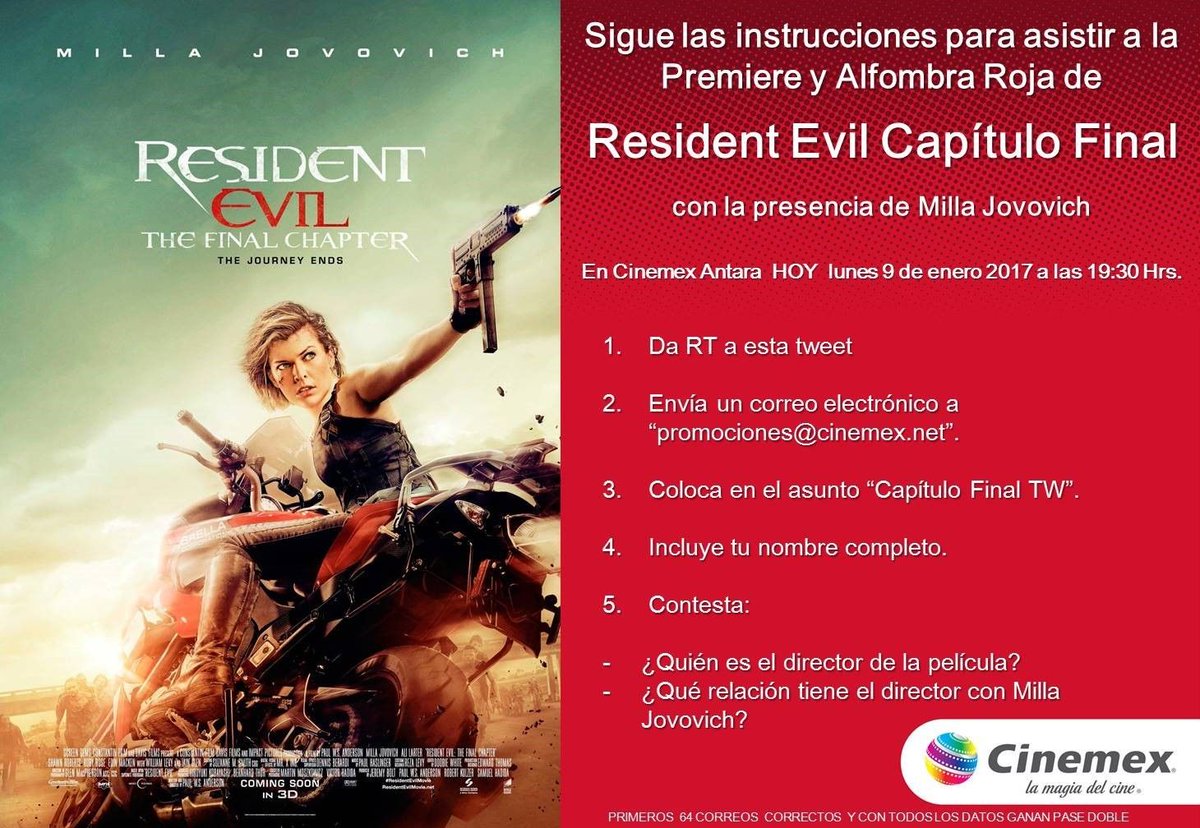 Cinemex's tweet photo. ¡Sigue las instrucciones para asistir a la premiere y alfombra roja de #ResidentEvilCapítuloFinal con la presencia de @MillaJovovich! https://t.co/SaFvY7c1zY