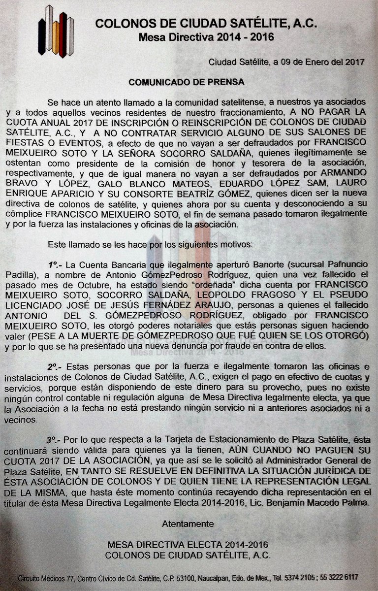 SateliteCiudad's tweet photo. @reponoticias Comunicado de Prensa, Colonos de Ciudad Satélite, Mesa Directiva 2014-2016, 09 Enero 2017 https://t.co/dtOxLkn3Zl