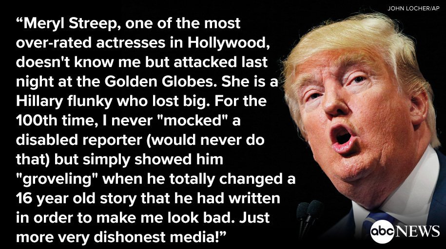 ABC's tweet photo. Pres.-elect Trump lashes out at Meryl Streep after Golden Globes speech, calling her "a Hillary flunky who lost big" https://t.co/lnprq2nm7K https://t.co/gymMBYClMI