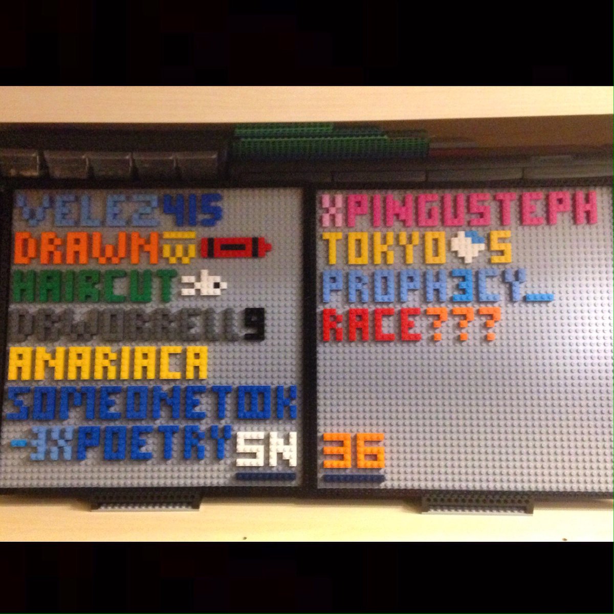 BrickinNick's tweet photo. My very first post of the #LEGO #FollowerWall! (Week 1/52) Had to get a little #creative with some names!

#Twitch #Brickbuilding https://t.co/1RmWzvLCVe
