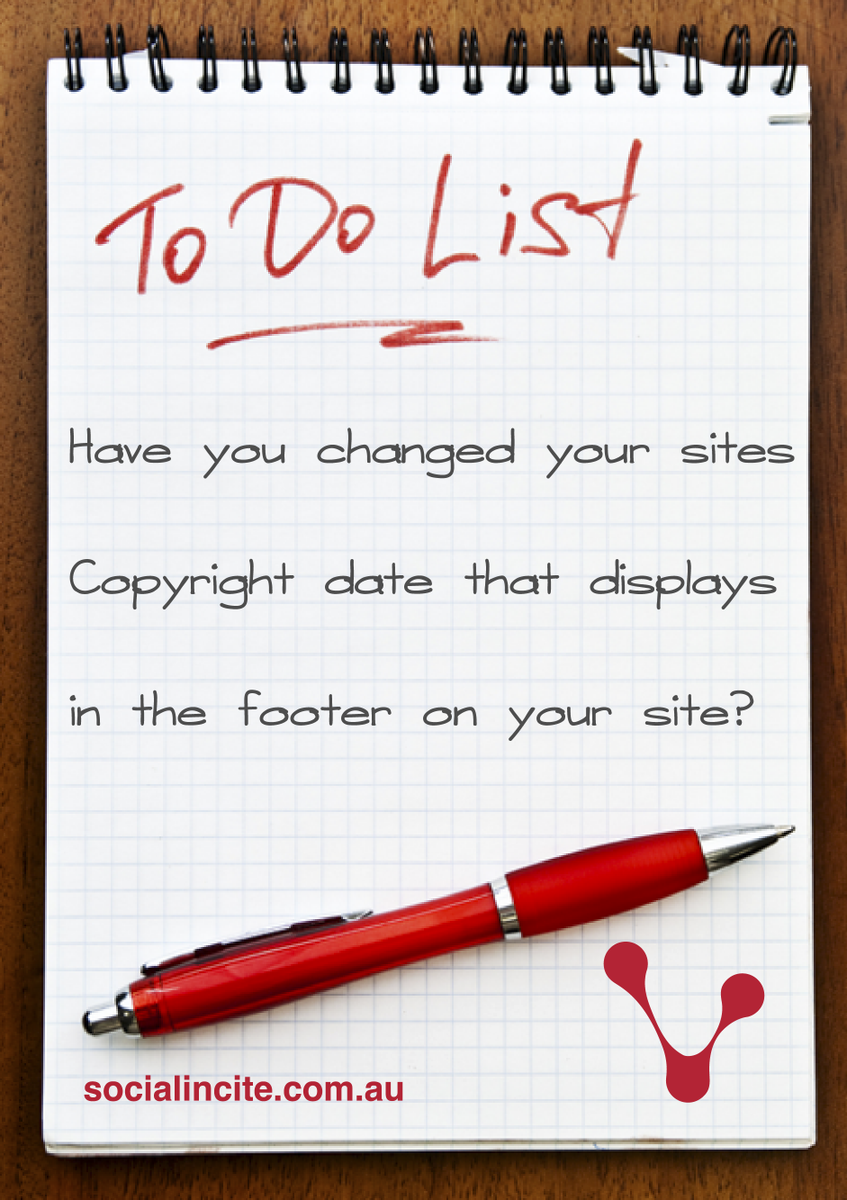 socialincite1's tweet photo. We are back! have you updated the copyright date in the footer of your site yet? #SEO #ToDoTask #EveryTuesday https://t.co/X8orOHhQ2l https://t.co/oS4WUSe9Dv