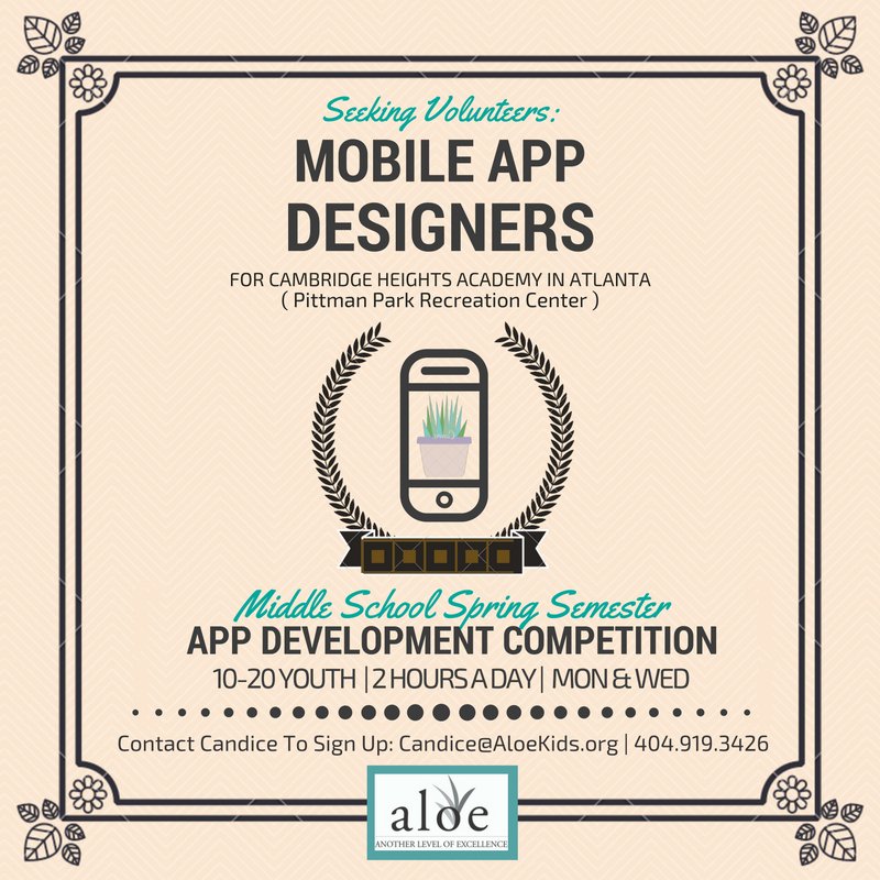 aloekids's tweet photo. Are you a mobile app designer in #Atlanta? Interested in volunteering to help youth learn how to build their own app? Come join us! #tech https://t.co/bMdws1r2BT