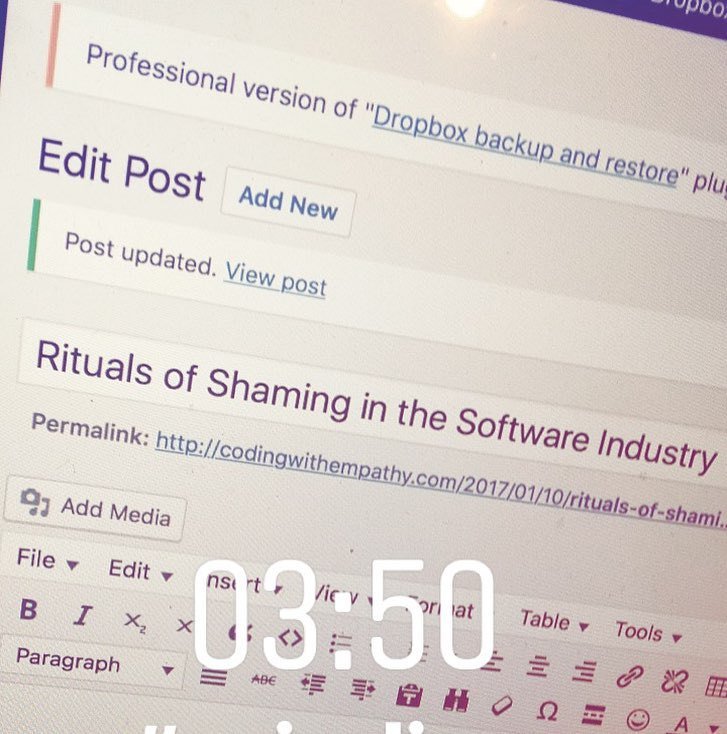 pavsaund's tweet image. Scheduled &quot;tomorrow&apos;s&quot; blogpost. It&apos;ll be published in 4 hours. #codingwithempathy #shame … ift.tt/2iaTWC1