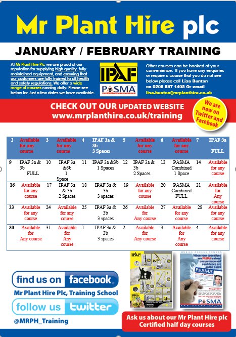 HAPPY NEW YEAR 2017
           Please see below Training  availability  for January / February