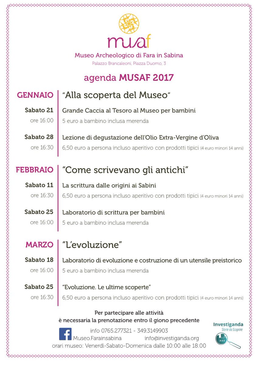 MUSAFaraSabina's tweet photo. I prossimi appuntamenti! #museo #musaf #bambinialmuseo #Cultura #museitaliani #beniculturali #museovivo https://t.co/334nOTwO3U