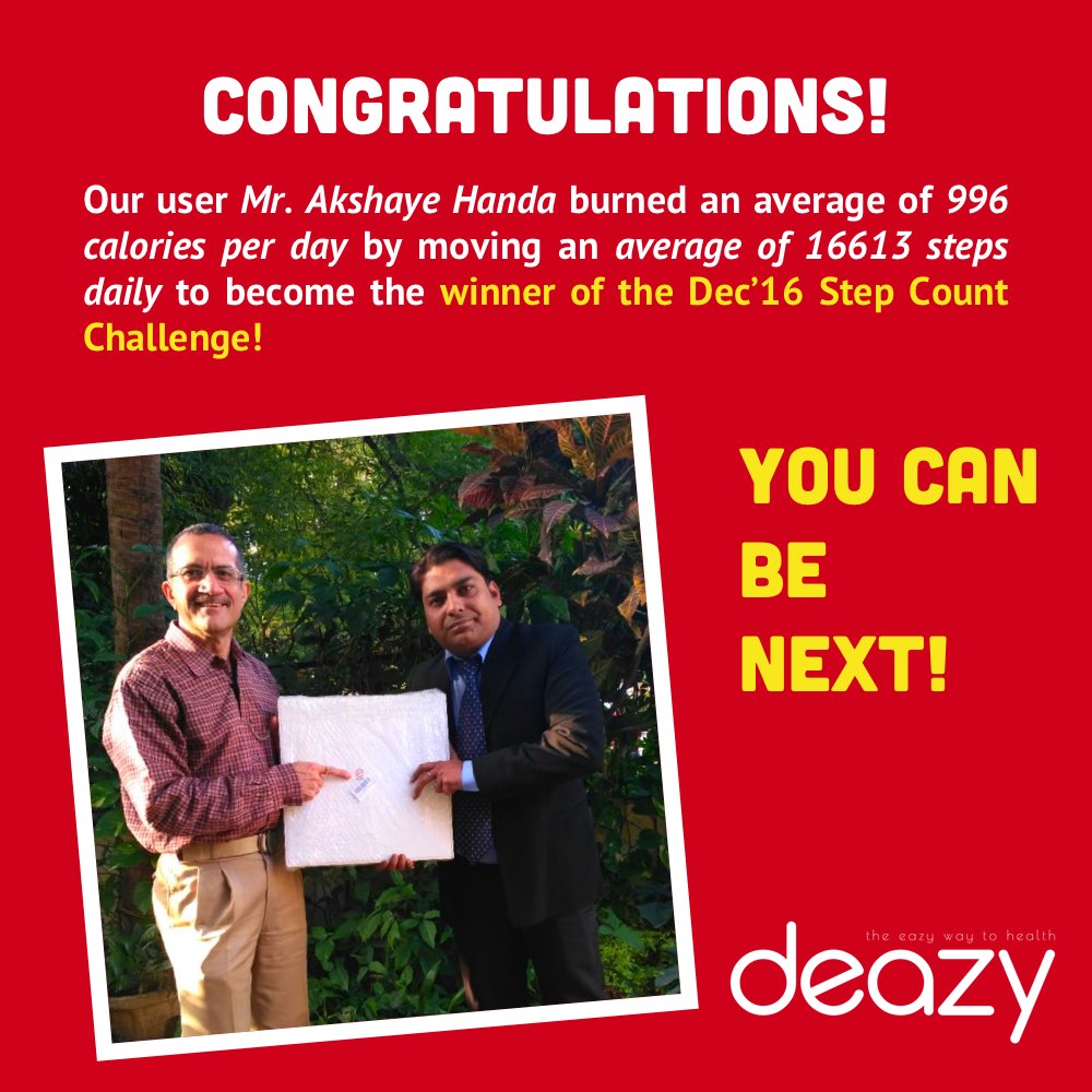 deazyapp's tweet photo. Mr. Akshaya Handa, winner of Dec'16 Step Count challenge with his prize! 

Join the Meal Track challenge for Jan'17 and you too can win! https://t.co/w4indBu49C