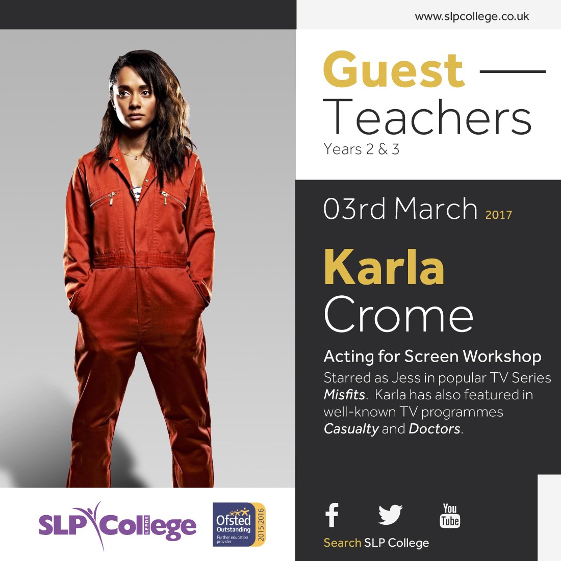 SLPCollege's tweet photo. We cannot wait to meet @karlacrome from Misfits tomorrow for an Acting on Screen Workshop! #talentnorth #actingonscreen https://t.co/WIf2LK4kTH