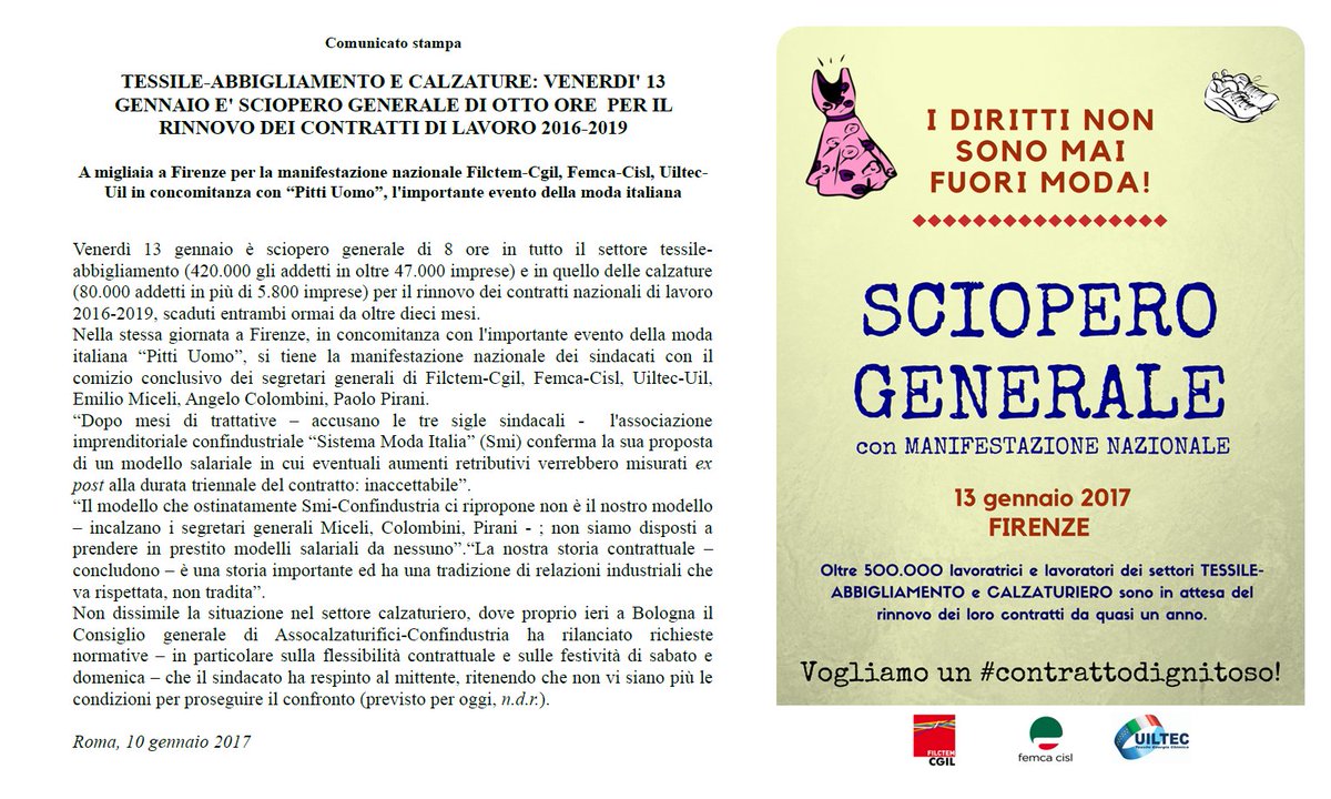 filctemcgil's tweet photo. #tessile-#abbigliamento e #calzature:il #13gennaio #sciopero #generale di 8 ore per  rinnovo dei #ccnl 2016-2019 https://t.co/sdzqLl2rc7 https://t.co/TwLWJkYrVt