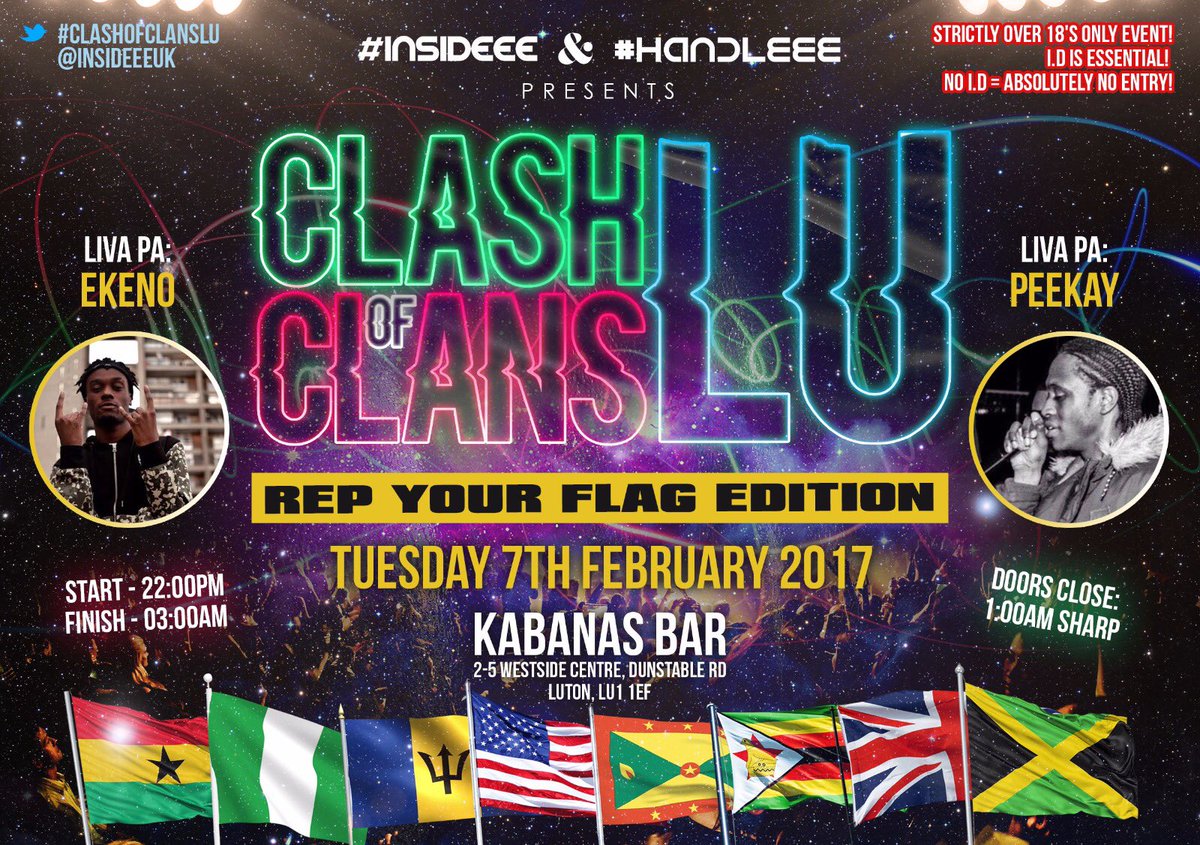 HANDLEEEUK's tweet photo. Luton are you ready? 👀

#ClashOfClansLU 🎉

🇬🇭🇯🇲Rep Ya Flag Edition🇱🇨🇳🇬

£3 Tickets OUT NOW!

🎟: https://t.co/PDujezQL5a https://t.co/0mNgn14RSw