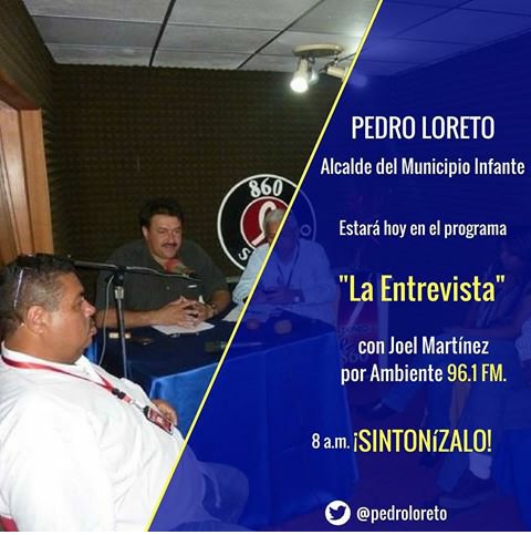 mauriciotovarv's tweet photo. Ya el alcalde @pedroloreto se encuentra al aire en el programa "La Entrevista por @Ambiente961fm con Joel Martínez. 
Sintonizalo https://t.co/Y3mmwGgNaZ