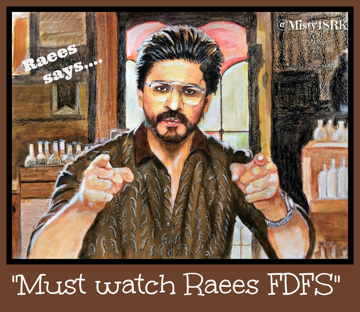 Misty4SRK's tweet photo. @iamsrk Don't you ever sleep? Or are you as excited as we are for #RaeesTomorrow? ๐๐๐ Hype you liked my painting ๐ https://t.co/s5wfJO3Xjm