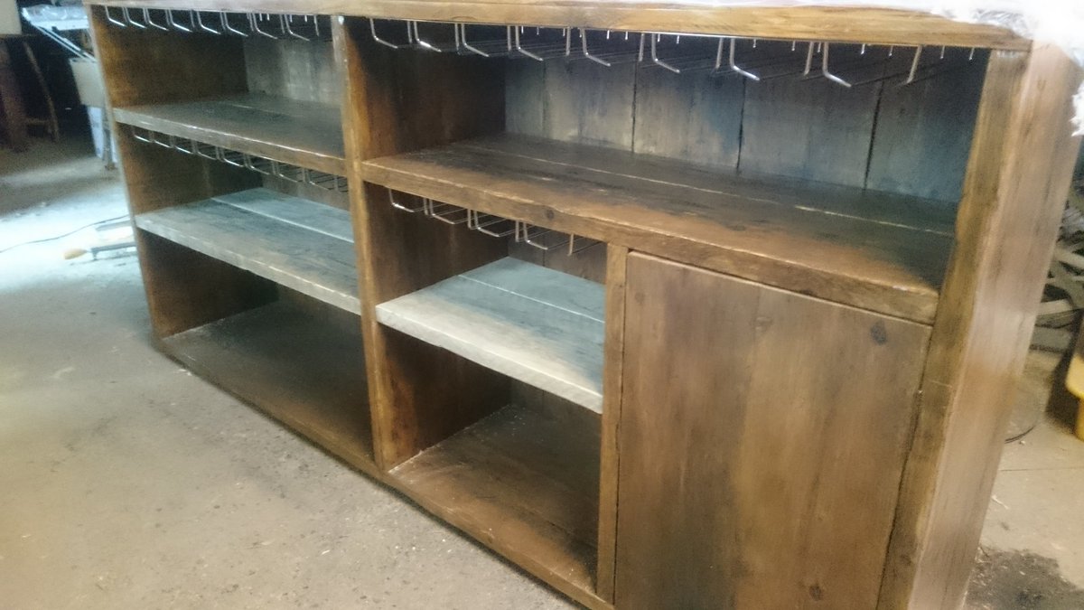 AdjustDesigns's tweet image. Bespoke wine glass unit in progress made from reclaimed timber. Self serve chiller to go on top. The cupboard houses the nitrogen cooler.