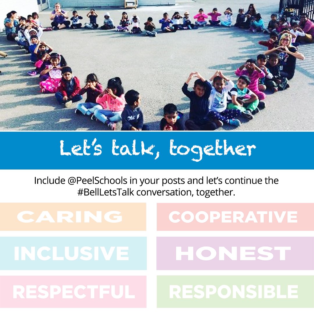 PeelSchools's tweet photo. Let our values reflect the work we do every day to support mental health. Let's join the conversation together for #BellLetsTalkDay. Tag us https://t.co/VgwddlFuJM