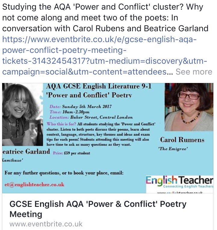 engteacher2016's tweet image. Studying the AQA Power &amp;amp; Conflict cluster?  Meet Carol Rumens &amp;amp; Beatrice Garland #gcseenglish #powerandconflictpoetry #studentstudyday